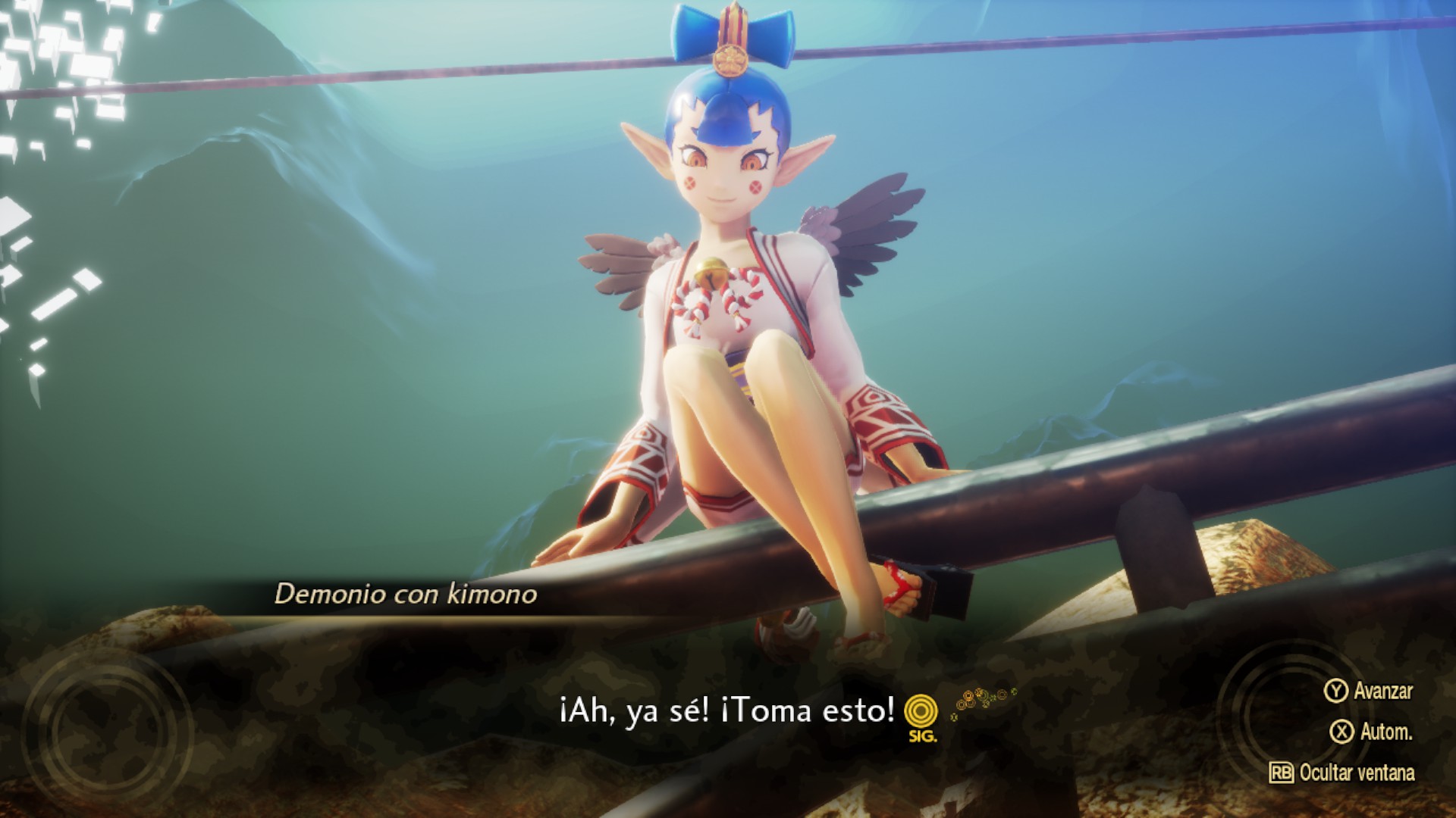 Demonio hada con kimono diciéndote que te da un objeto mientras está sentada encima de una farola o algo