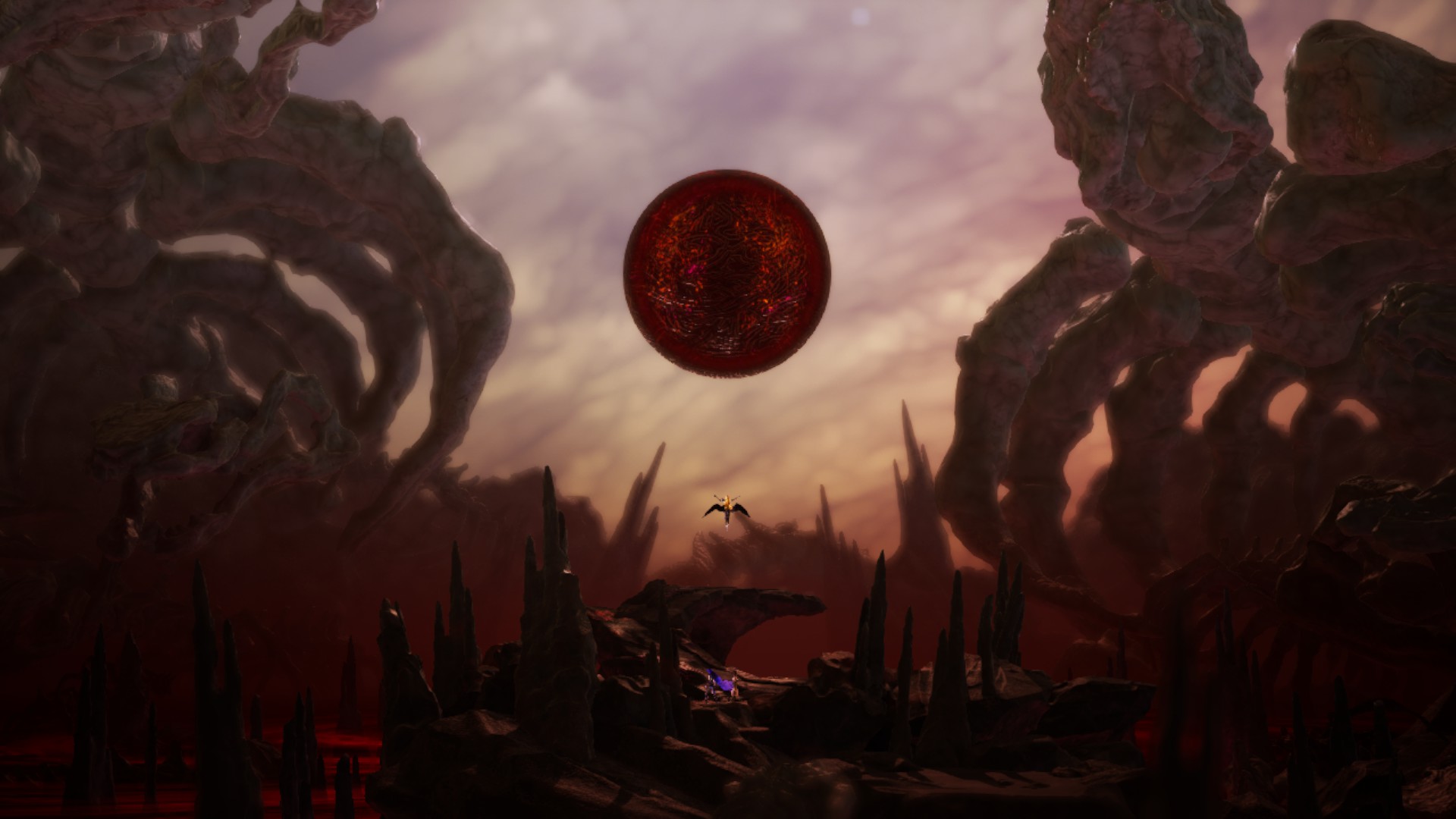 Una luna roja donde apenas se ve la silueta de un demonio en un paisaje oscuro y escarpado como con costillas humanas gigantes de fondo