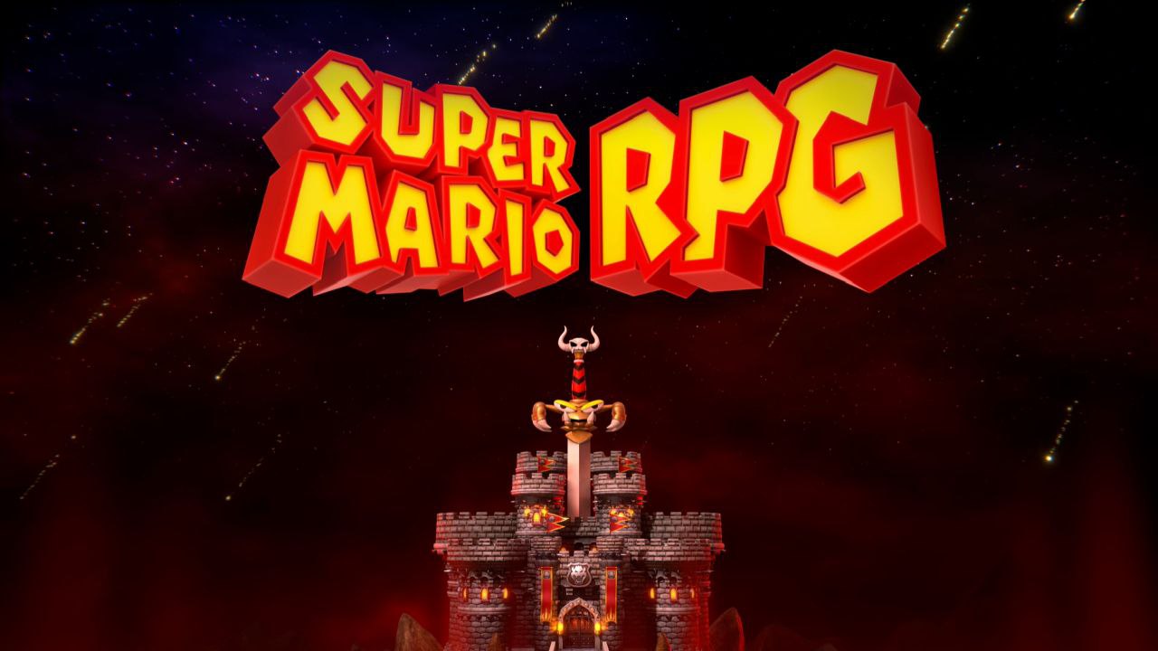 El título del juego, con el castillo de Bowser con una espada con ojos clavada en el centro