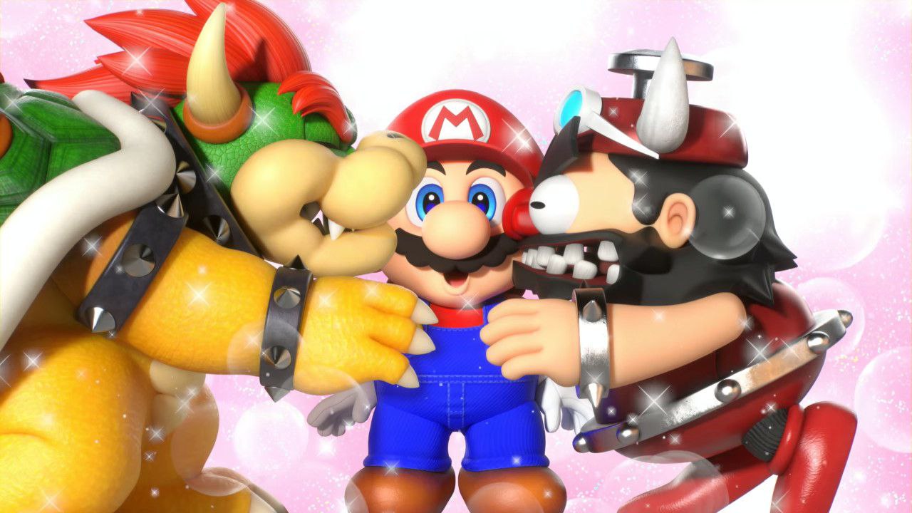 Bowser y un hombre barbudo de la historia, dando un beso a MArio al estilo Sandwitch