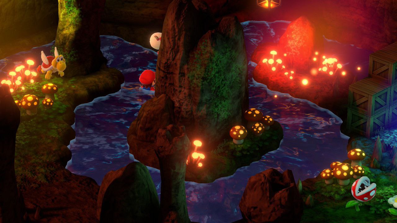 Cueva con setas y enemigos de mario rondando por el escenario mientras mario está siendo arrastrado por el río de la cueva que tiene unas cuantas curvas