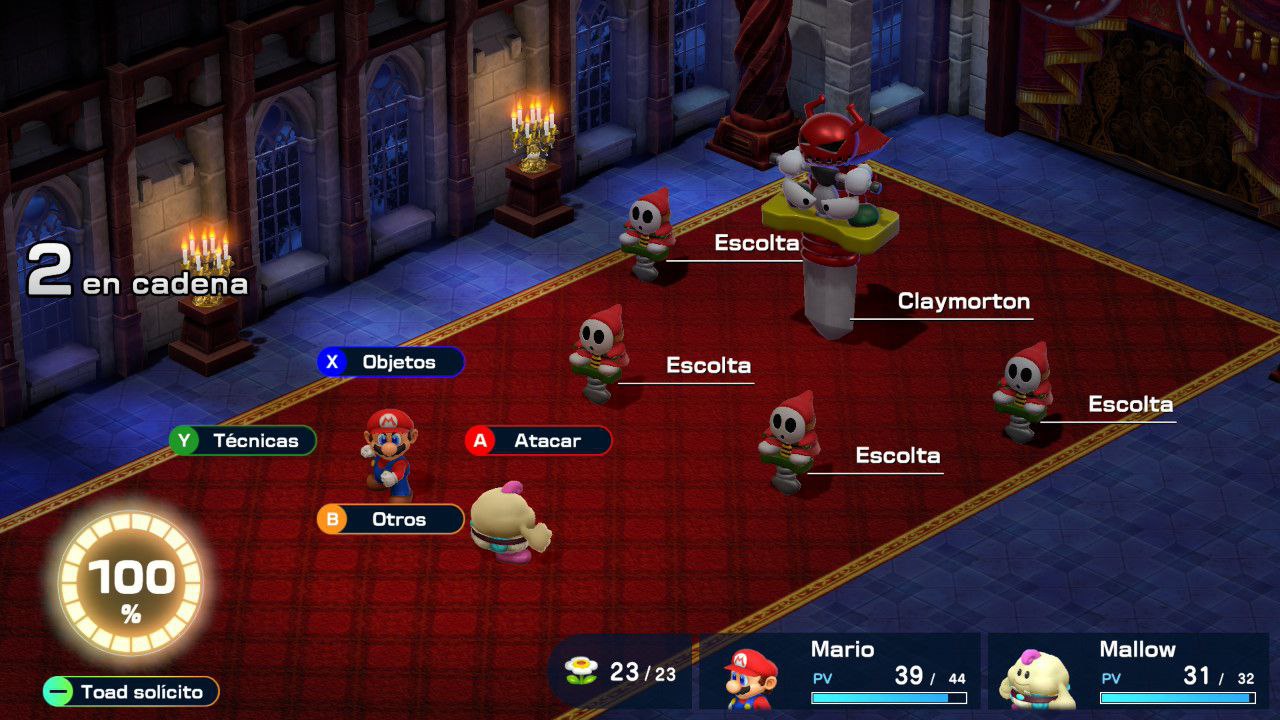 Escena de combate con MArio, Mallow luchando contra shy guys en saltadores y un bicho espada llamado CLaymorton, están en el castillo de Peach