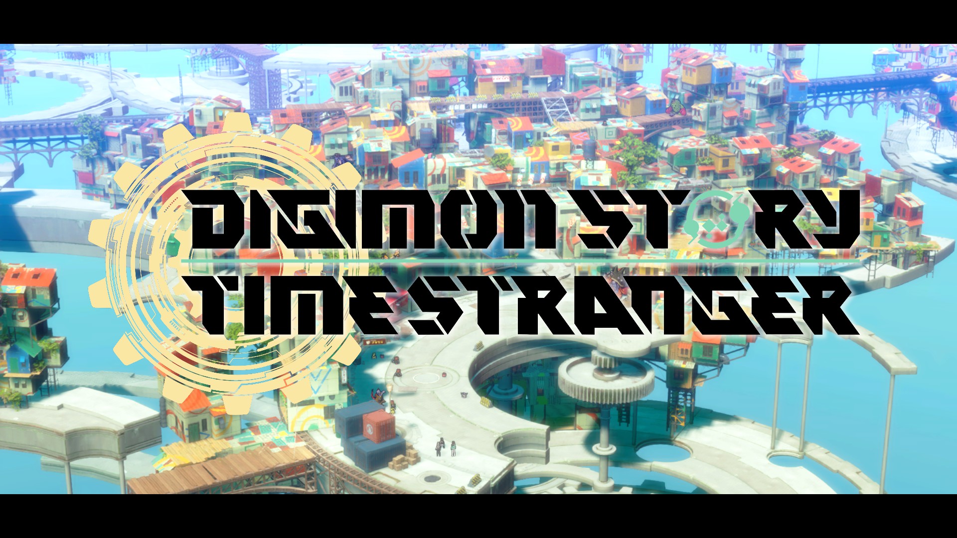 El logo con la tipografía del juego con el fondo de una ciudad flotante muy colorida con cosos raros digitales y en día soleado