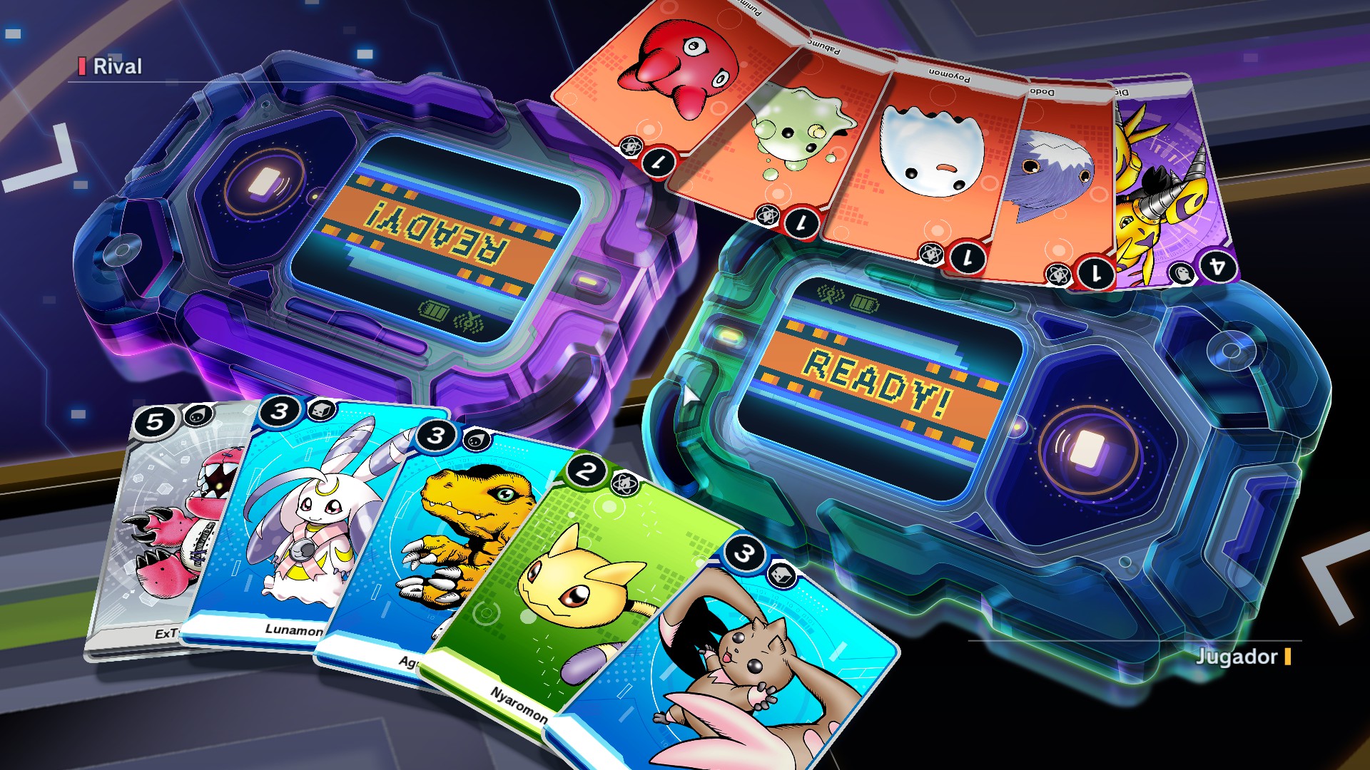 Dos maquinitas de V-Pet unidas en plan 1 vs 1 con una deck de 5 cartas con digimons de diferentes atributos y niveles, el minijuego de cartas