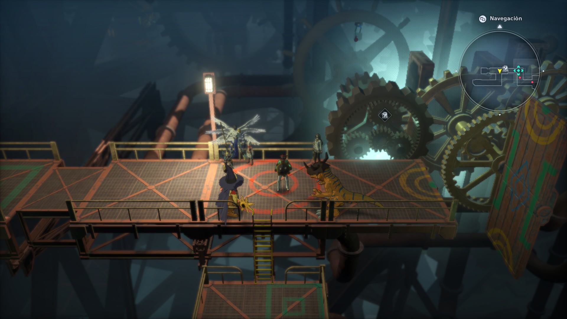 Escenario del principio en una captura que se siente super retro y el juego salió hace nada, pero el estilo visual de los digimon y protas en pantalla + cómo modelaron esos interiores de una torre metálica en construcción, lo hace sublime