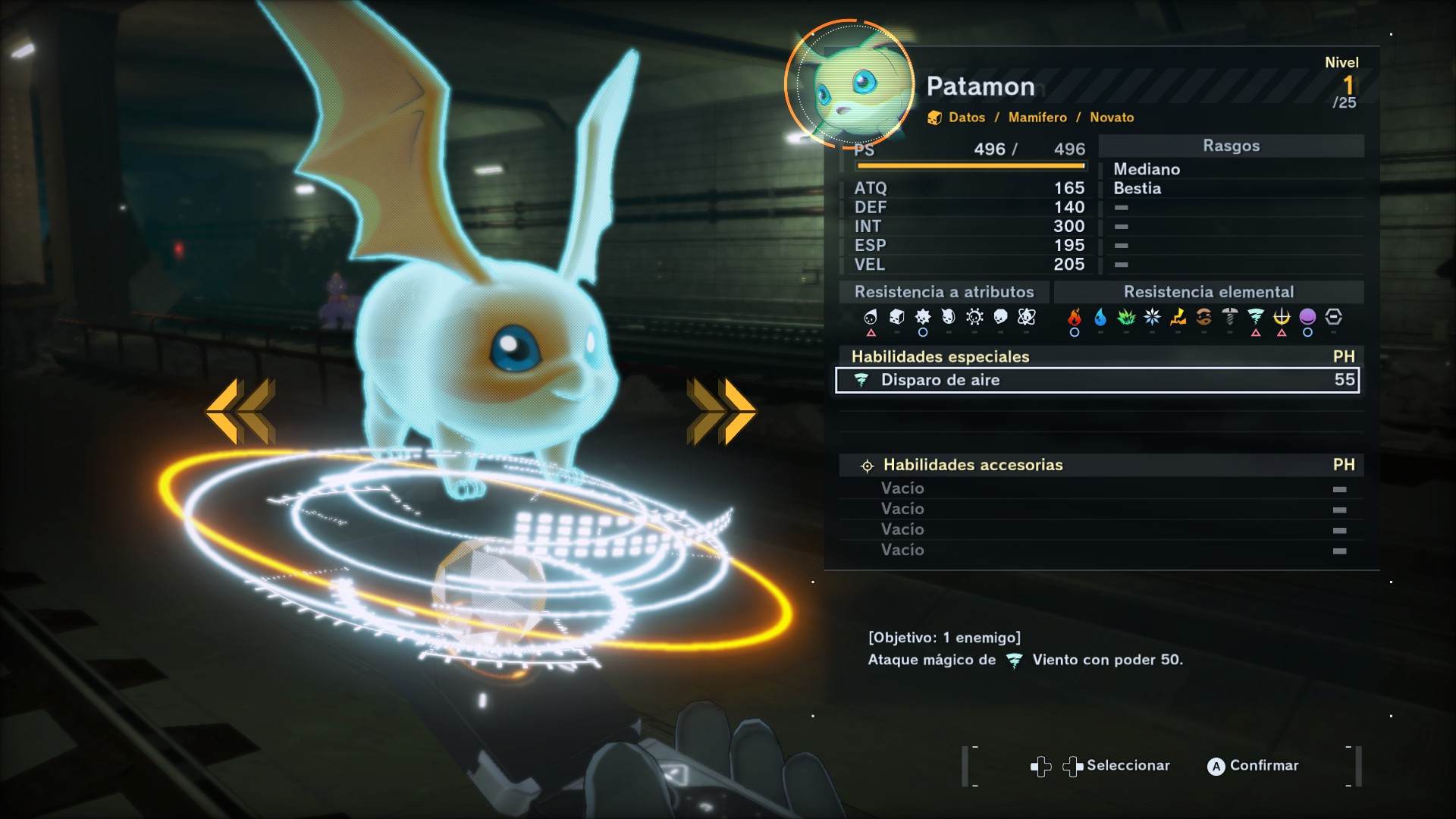 Un Patamon sacado de forma de holograma de un teléfono antiguo al estilo concha, salen mogollón de datos de estadísticas