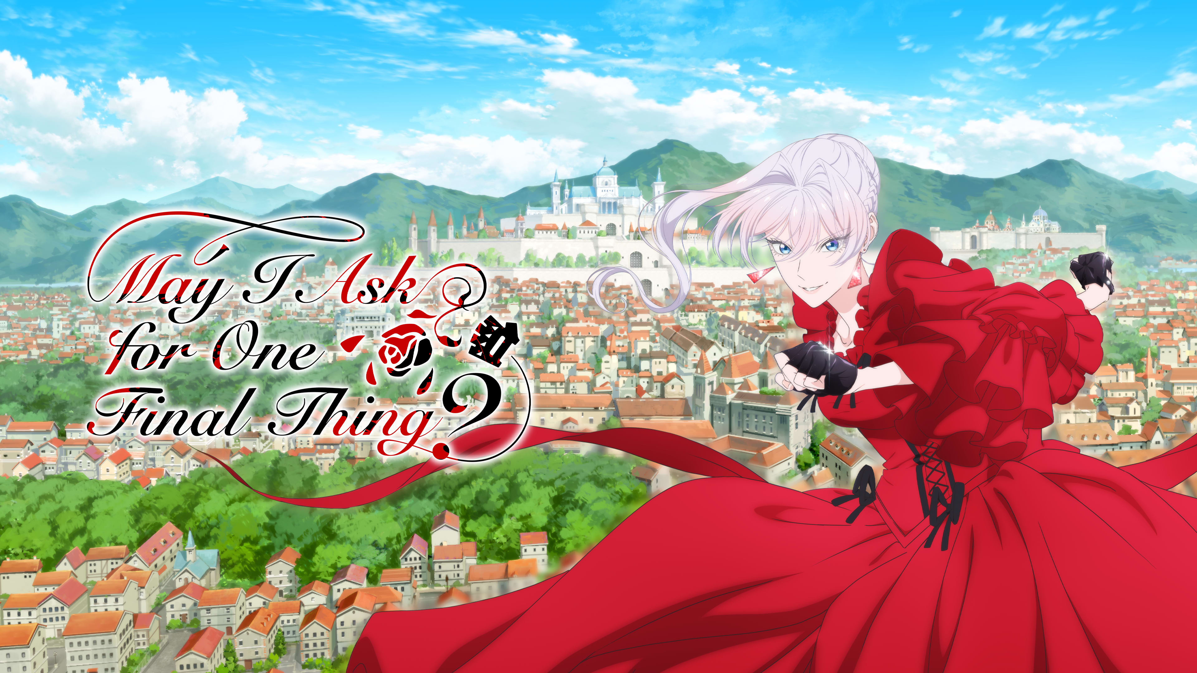 Hermosa dama con una vestimenta de mujer noble escarlata, peliblanco y unos guantes de lucha negros haciendo una pose in media res, antes de ponerse a pegar una paliza al espectador mientras sonríe