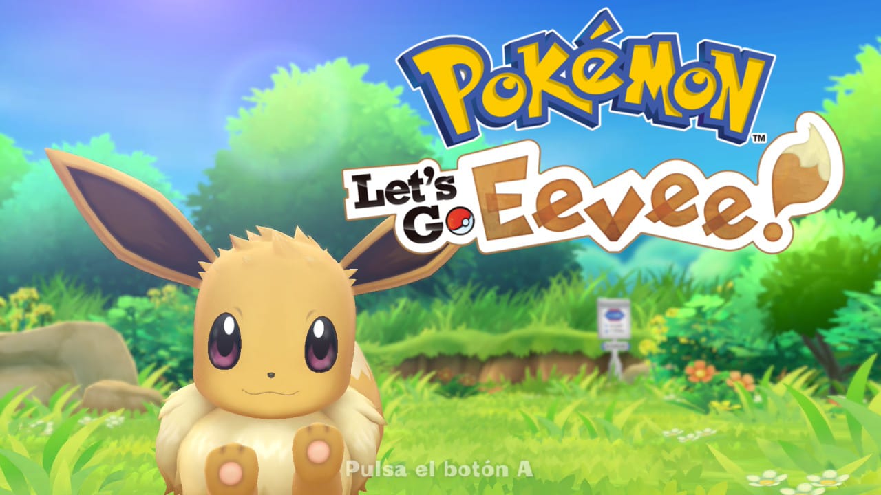 Pantalla de inicio del juego en Pueblo Paleta con el Eevee de primera plana