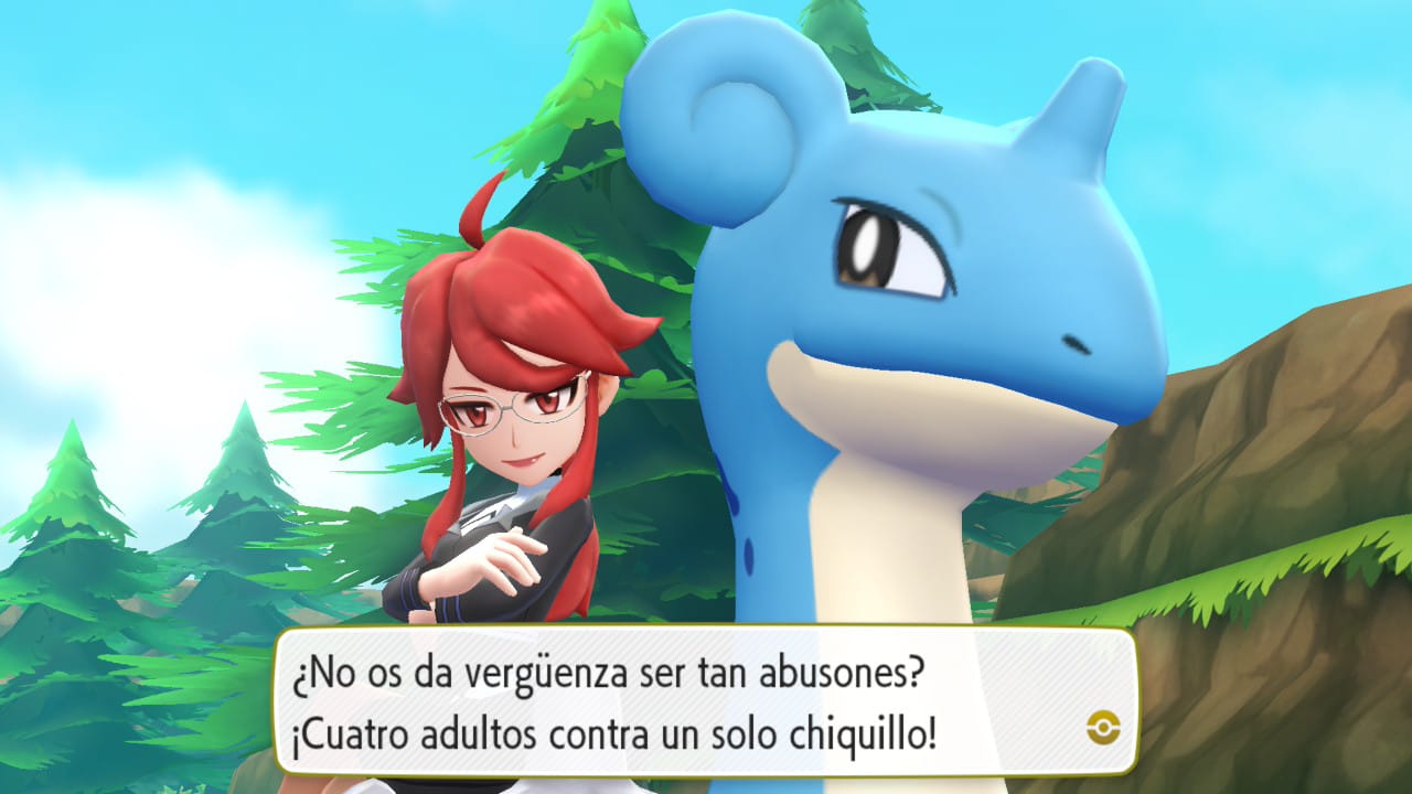 La Alto mando de monotipo hielo usando a un lapras como montura regañando a 4 teamrocket que no están en escena que estaban haciendo un sandwitch del protagonista haciendo bulliying