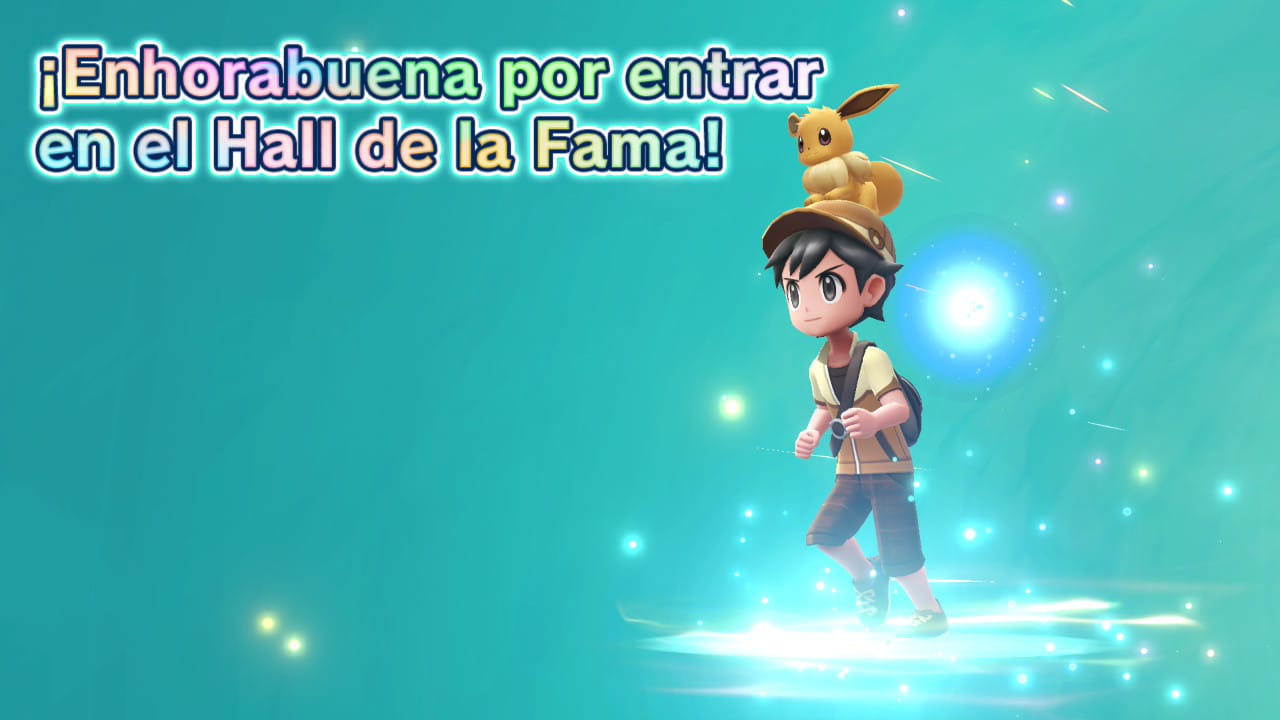 El prota + eevee en el Hall de la Fama con letras estilizadas y fondo azul