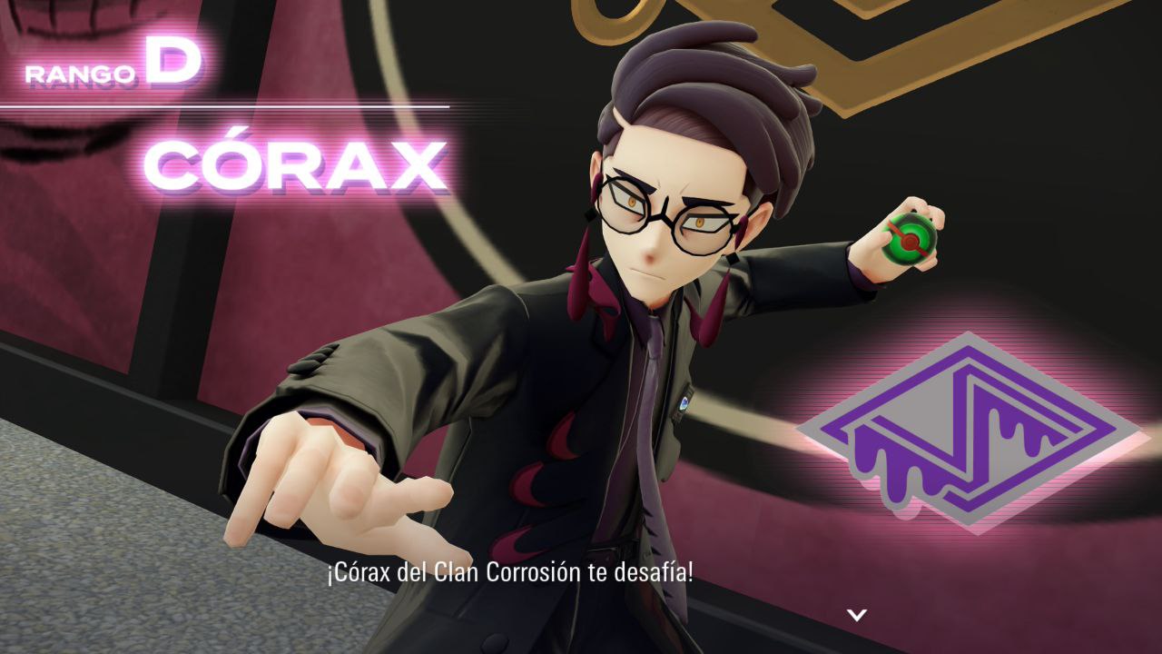 Lider del equipo corrosión, un joven vestido como un yakuza con gafas y con un traje con motivos de pokemon tipo veneno siendo negro y morado, se llama don corax