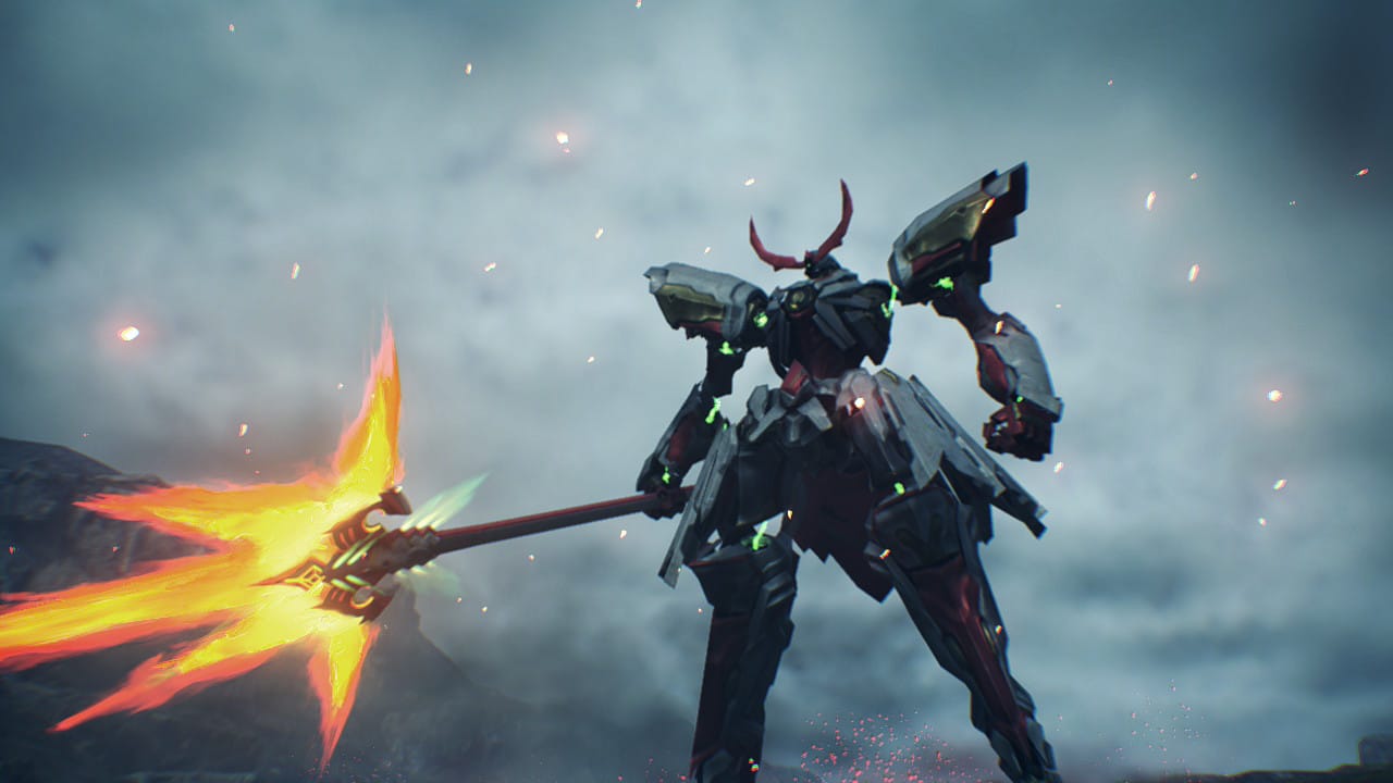UN gran mecha blanco protando una lanza de fuego