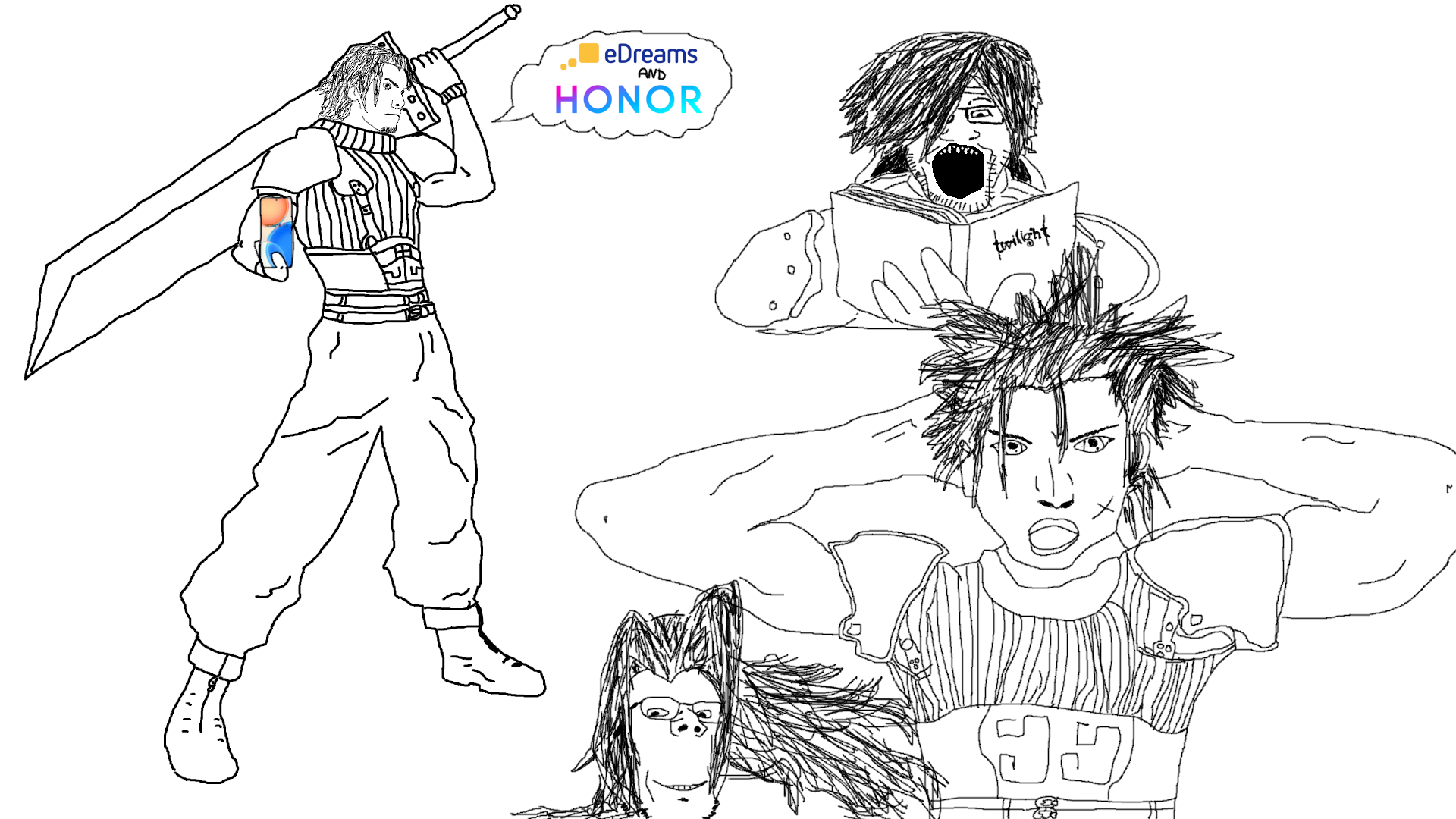 Line-art, wojaks y memes varios difíciles de describir, lo admito me he fumado unos buenos Kojimas mentales, quizás también algunos Nomuras. Se distingue a Angeal diciendo Edreams and Honor en plan vender el móvil y el servicio online, a Génesis como wojak leyendo crepúsculo, zack impresionado como cierto meme de NOWAY y un Shephiroth wojak por las jajas