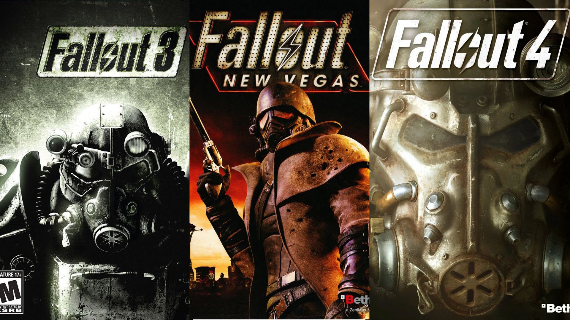 Collage cutre hecho con canva donde salen las portadas de Fallout 3, Fallout NV y Fallout 4