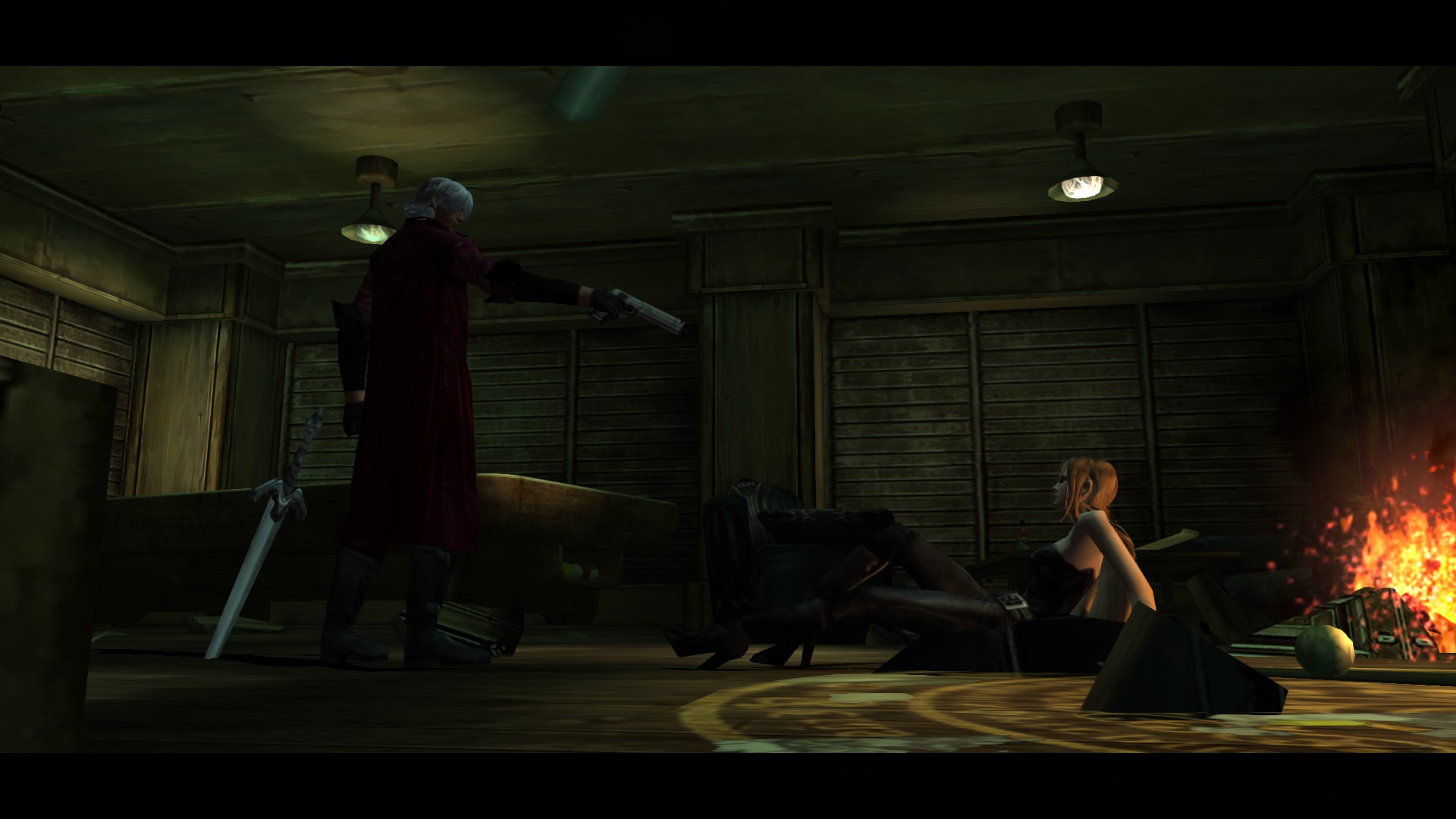 Dante apuntando con una pistola a una chica vestida a lo matrix