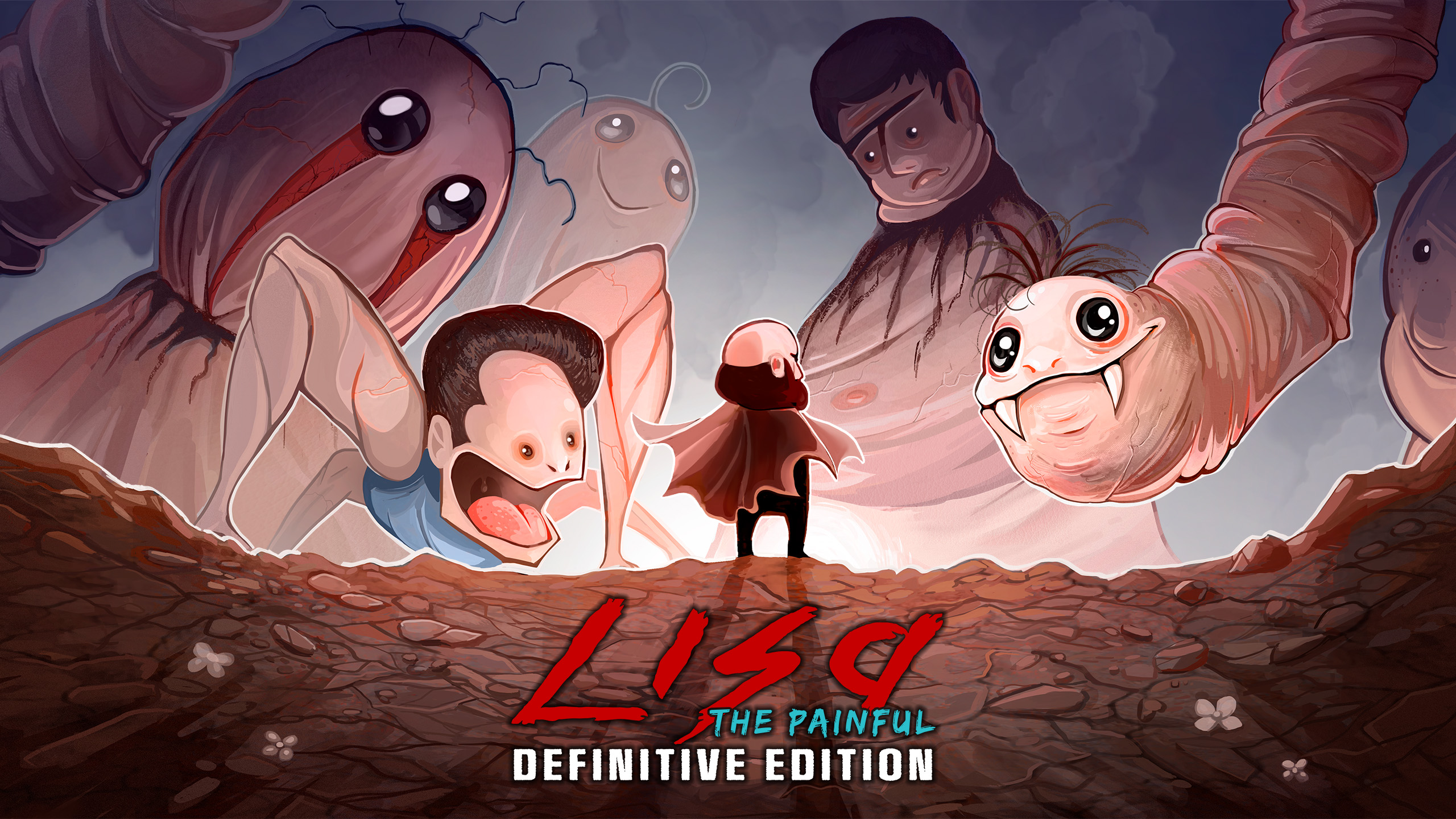 Imagen de Lisa The Painful, la portada del juego, un hombre calvo con un poncho mirando a unos monstruos de carne horribles que están en el horizonte mientras nos da la espalda
