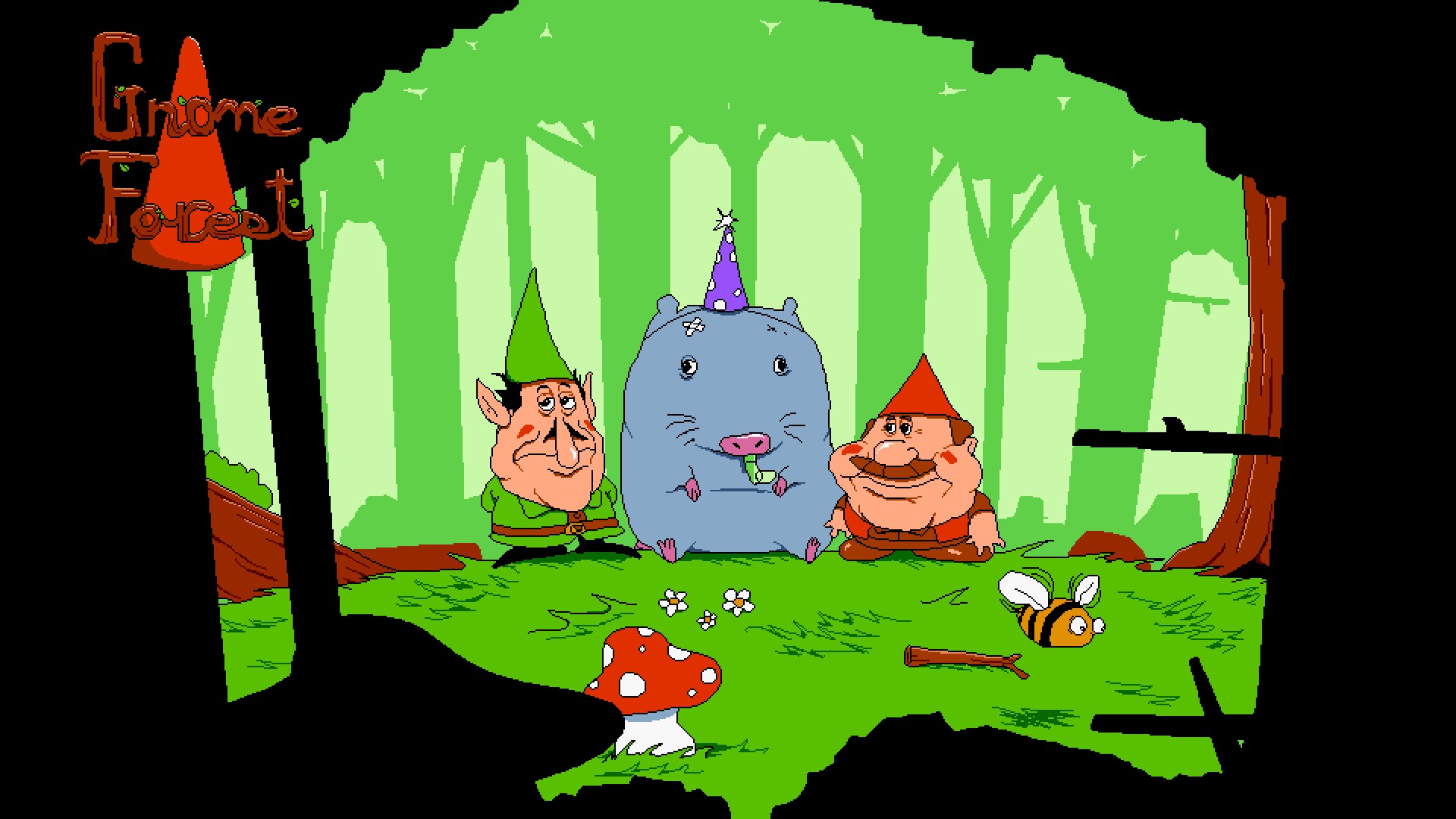 Peppino, la Rata y Gustavo en un bosque, nivel de Gnome Forest