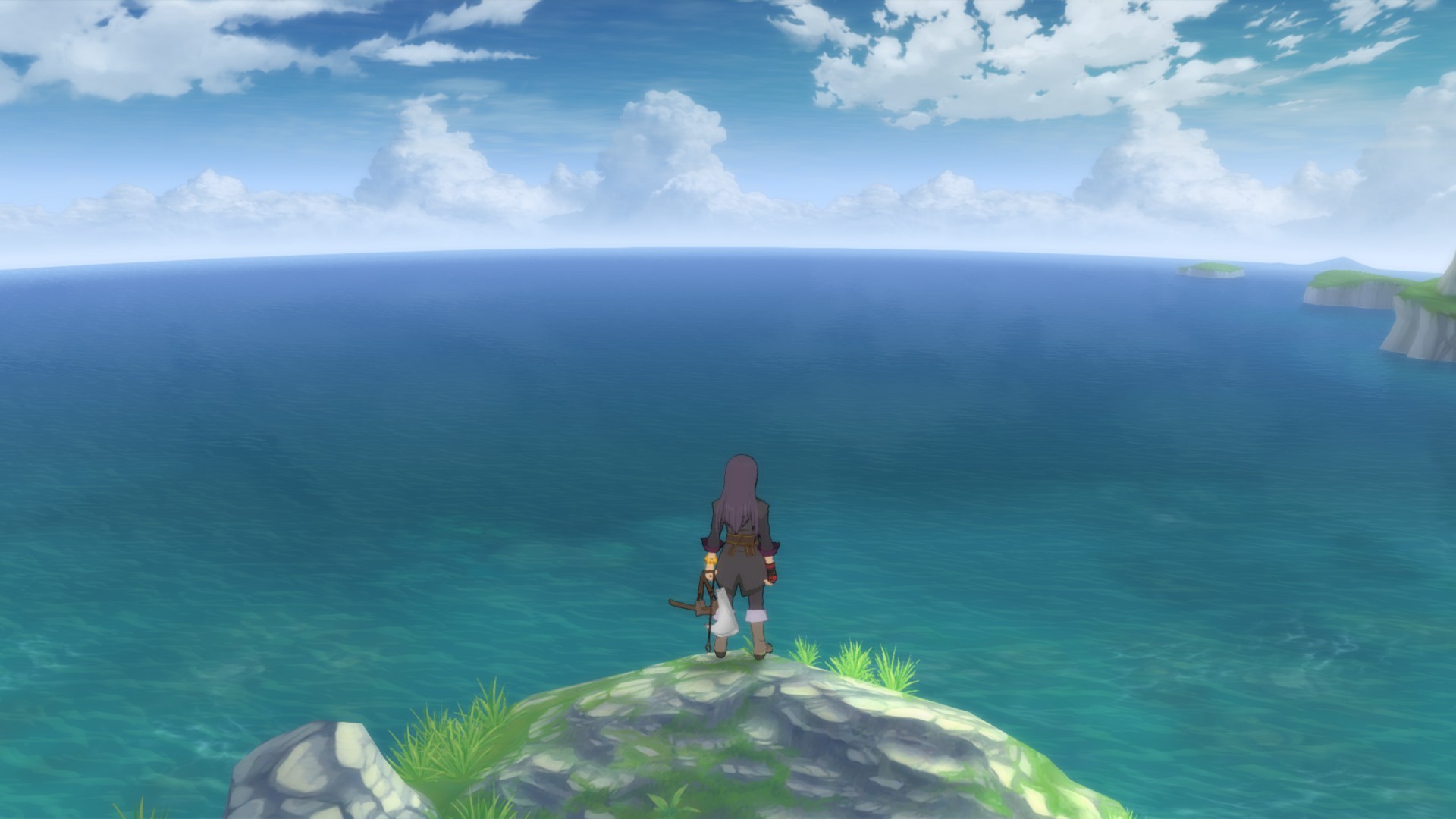 Imagen de una colina y el mar donde sale Yuri, el protagonista en el medio mirando al gigantesco horizonte